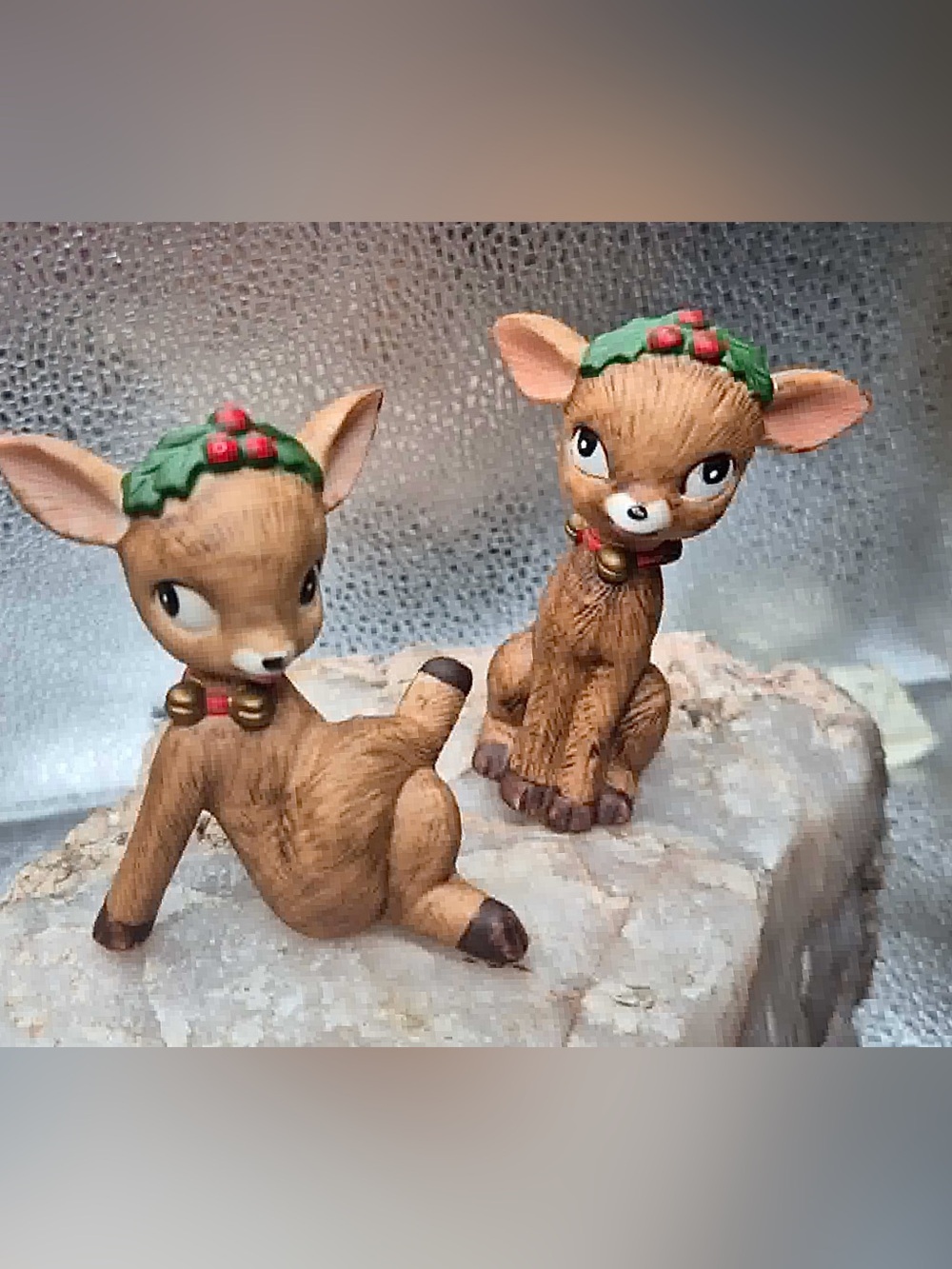 RARE MCM Lefton Christmas Deer - Cute Kitschy Fawn Pair with Holly on Head
